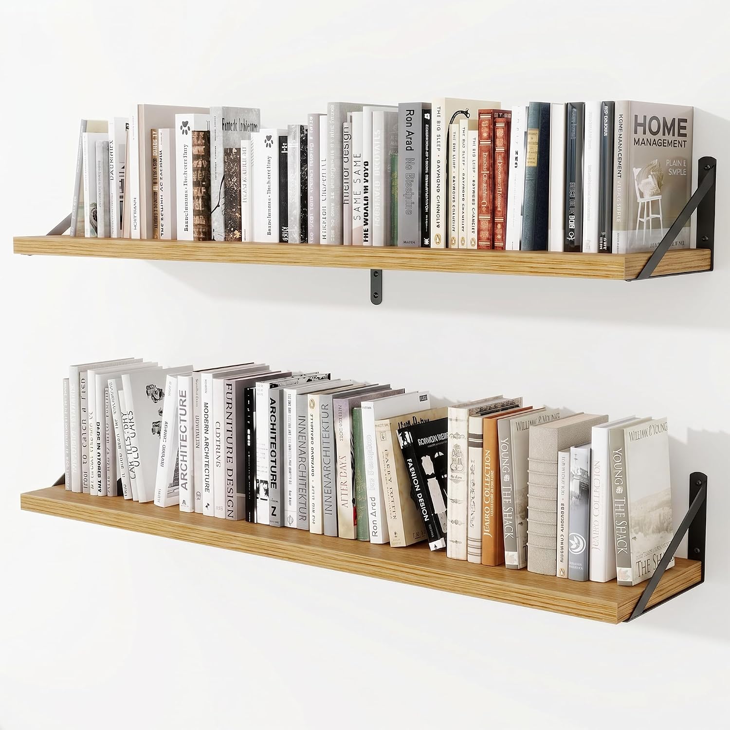 Deep Wall Shelves 16"W x 8"D Engineered Wood Floating Shelves for Wall, Sturdy Metal Bracket Bookshelves Home Decor Storage for Living Room Bedroom Bathroom Kitchen, Set of 2, White Finish