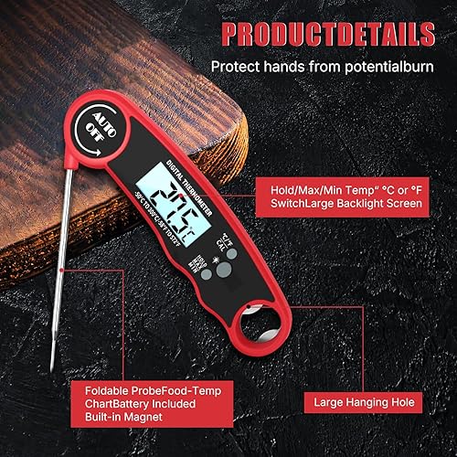 Miniatura 5 de Termómetro digital de carne para parrilla, termómetro digital de lectura instantánea para alimentos, sonda de cocción impermeable, pantalla LCD,