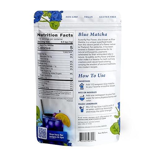 Miniatura 2 de Ancient Choice Butterfly Pea Flower - Polvo de campanita azul (4 onzas), té matcha azul, grado ceremonial (más alto), grado culinario crudo