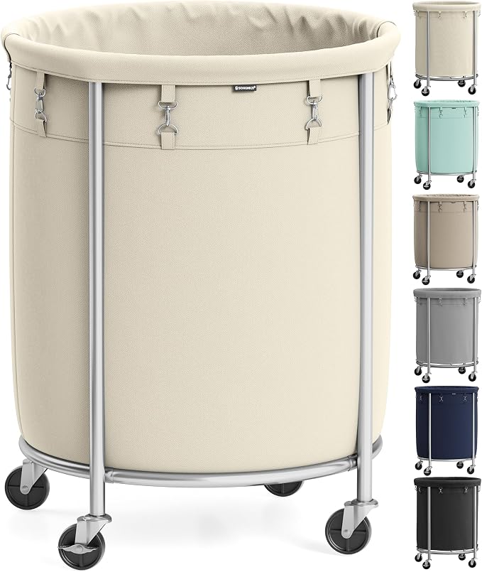 SONGMICS Laundry Basket with Wheels, Rolling Laundry Hamper, 45 Gal., Round Laundry Cart with Steel Frame and Removable Bag, 4 Casters and 2 Brakes, Cream and Silver URLS01MZ