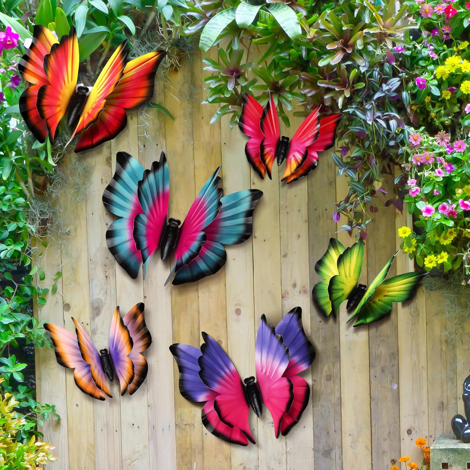 Briwooody 6 Pcs 3D Large Metal Butterfly Wall Decor- 11.8" 5.9" Double Layer Butterfly Outdoor Fence Art Decor Sculpture Wall Hanging Decorations with Hook for Yard Patio Living Room Garden Balcony