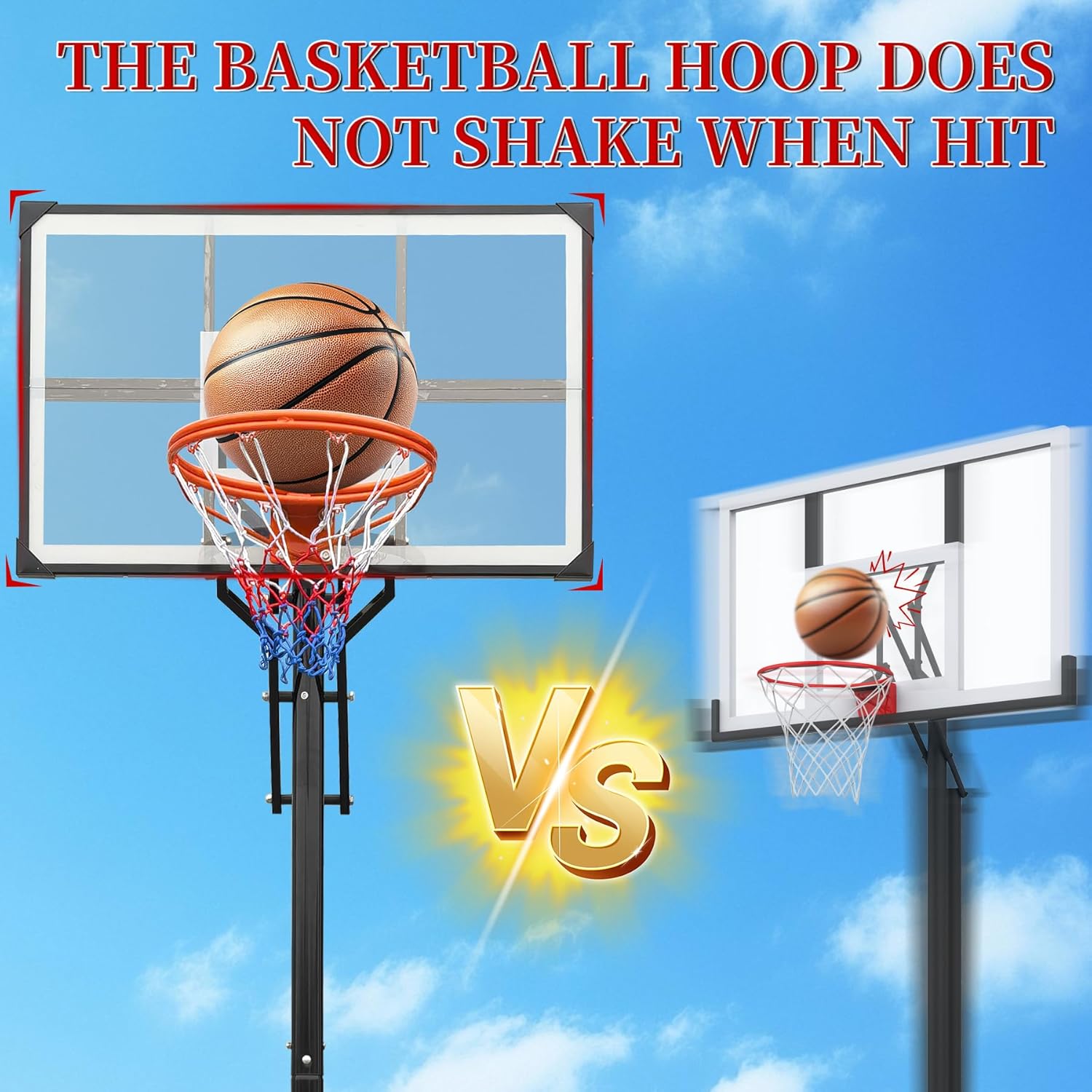 Heavy Duty Basketball Hoop Outdoor, 8-10ft Height Adjustable Basketball Goal System with Crank Handle, 44" Shatterproof PC Backboard & Spring Rim, Portable Basketball Hoop with Iron Base for Driveway