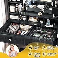 Vista 10 de TC-HOMENY Escritorio de maquillaje con parte superior de cristal, tocador con soporte para herramientas para el cabello y estación de carga, 2