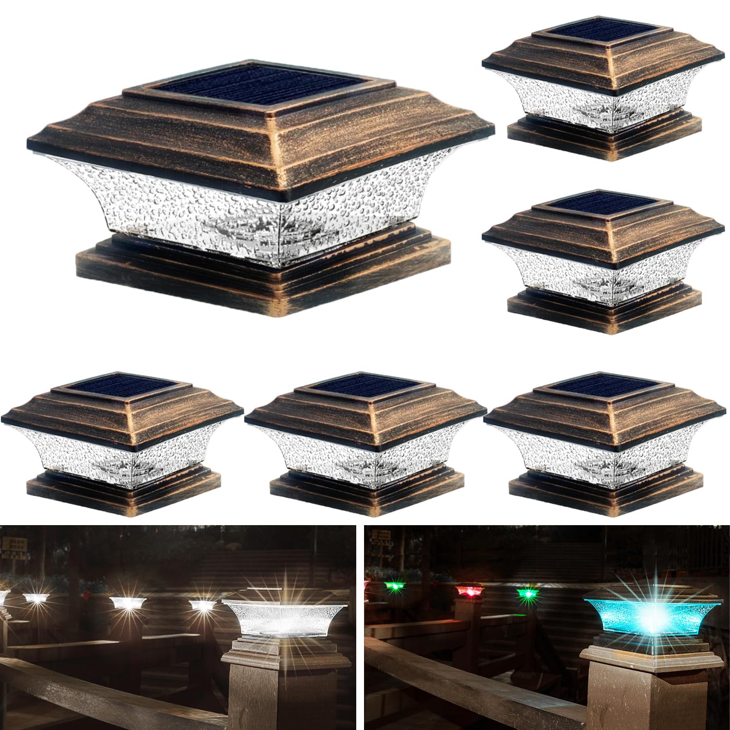 HUYIENO Solar Post Cap Lights Outdoor LED Lighting Deck Fence Cap Light Two Light Modes Warm White/7 RGB Color Changing LED Suitable for 4x4 5x5 Wooden Posts Brushed Copper 6pk
