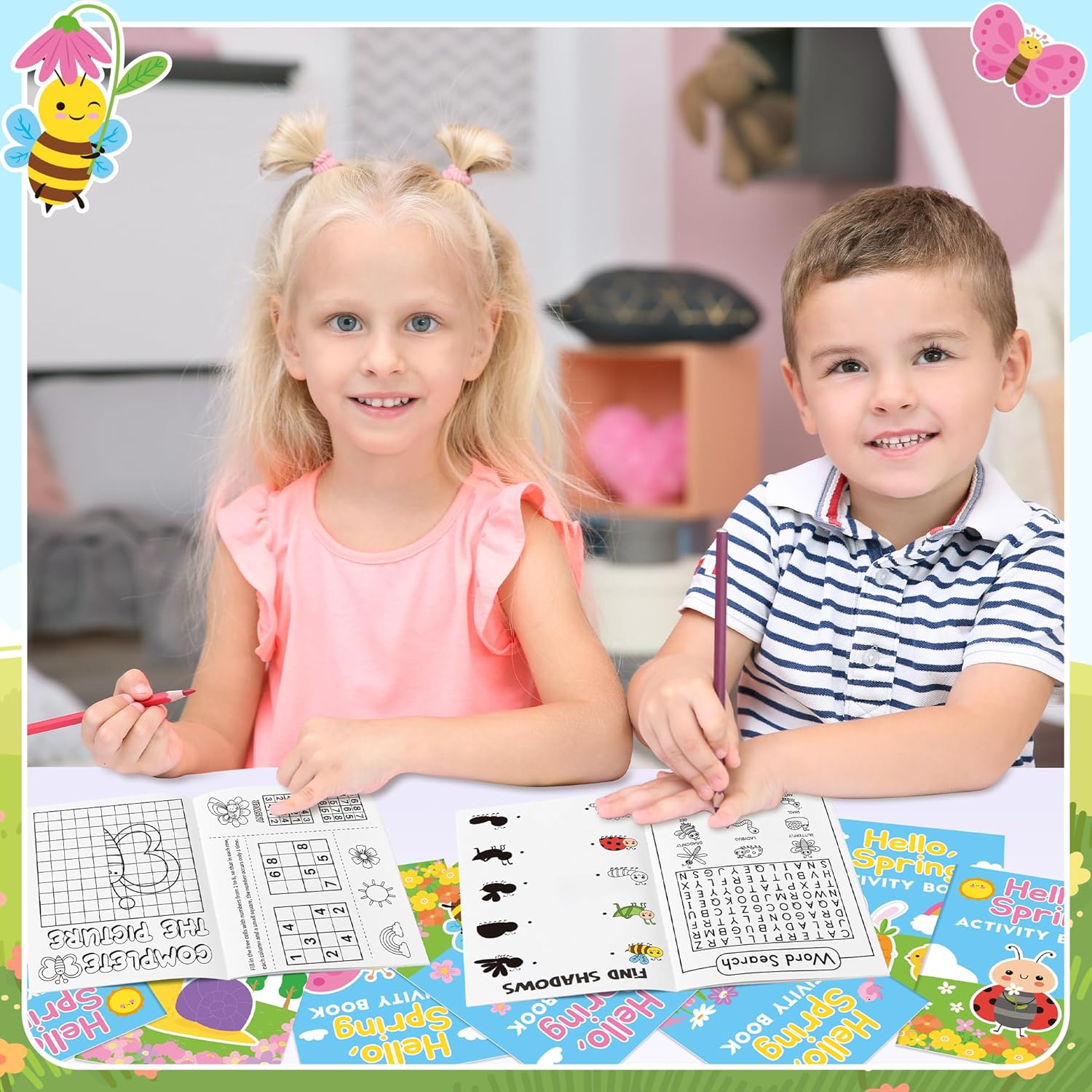 Spring Activity Books for Kids - 24Pcs Hello Spring Mini Games Coloring Book Set Bulk Insect Floral Mazes Word Search Word Scramble Games for Valentine Spring Easter Holiday Party Goodie Bag Stuffers