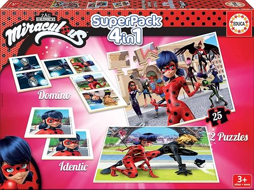Educa - Las Aventuras Superpack Miraculous Ladybug, Incluye Domino, Identic y 2 Puzzles, Juego de Mesa…