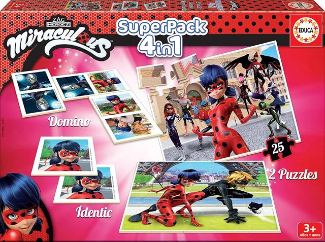Educa - Las Aventuras Superpack Miraculous Ladybug, Incluye Domino, Identic y 2 Puzzles, Juego de Mesa…