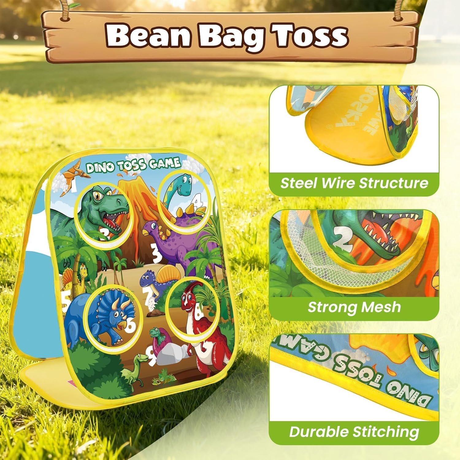 3-in-1 Dinosaur Bean Bag Toss Game for Boy Toddler Ages 3 4 5 Year Old, Cornhole Bags Set, Outdoor Play Outside Toys in Backyard Lawn, Indoor Family Party Game, Birthday Gifts for 3-5 Preschool Kids