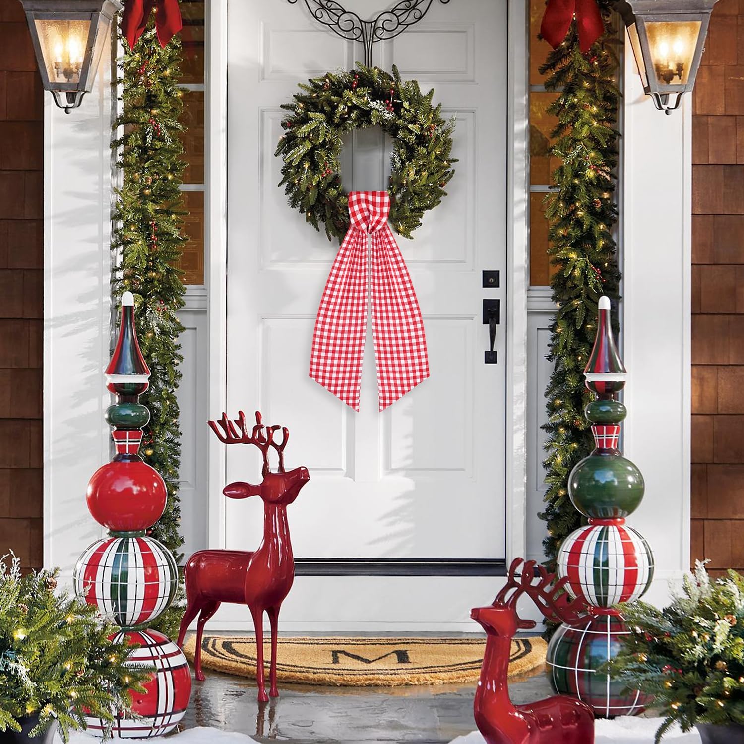 2 Pack Wreath Sash for Front Door Boxwood Wreath Sash Garland Front Door Porch Decor(White and Red Plaid)
