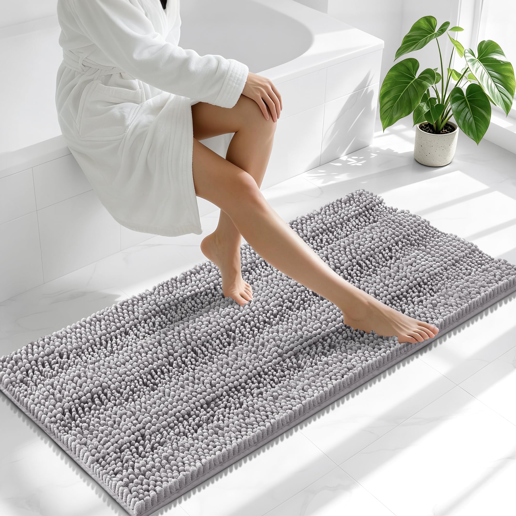 Smiry Thick Chenille Bathroom Runner Rugs 47x20, Absorbent Bath Mat, Grey