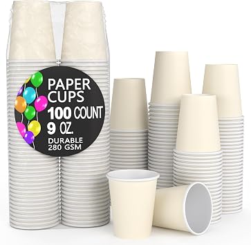 Party Solids Ivory Paper Cups 9 oz Durable Disposable Cups 100 Paper Tumblers for Hot Drinks and Cold Drinks Thick 280 GSM Hot Cup for Tea & Coffee Cup To Go Fun Colors for Parties & Events