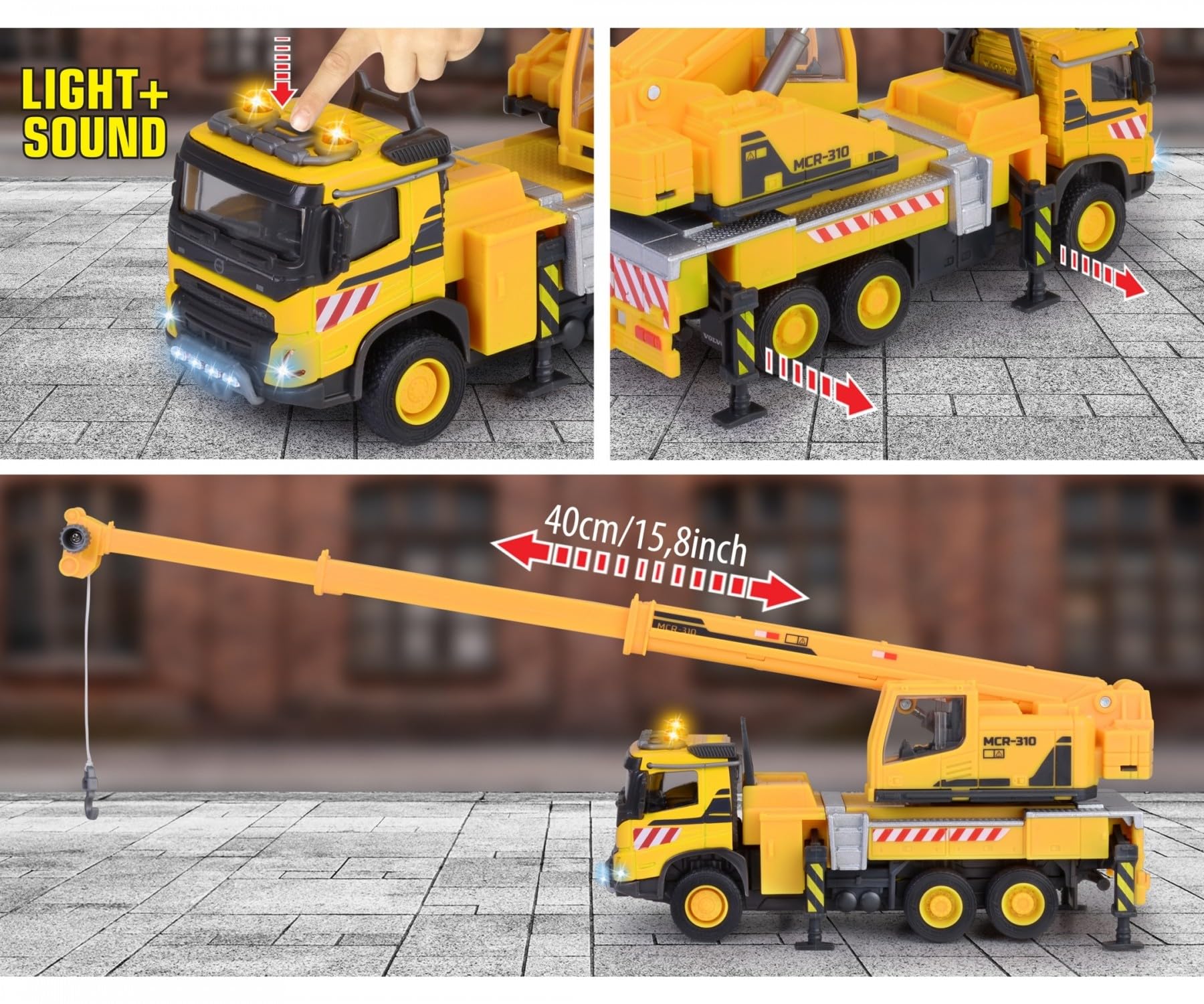 Majorette - Carrozza giocattolo (22 cm) – grande auto Volvo da cantiere con gru estraibile, verricello e ruote in gomma, luce e suono (batterie incluse), per bambini dai 3 anni in su, giallo