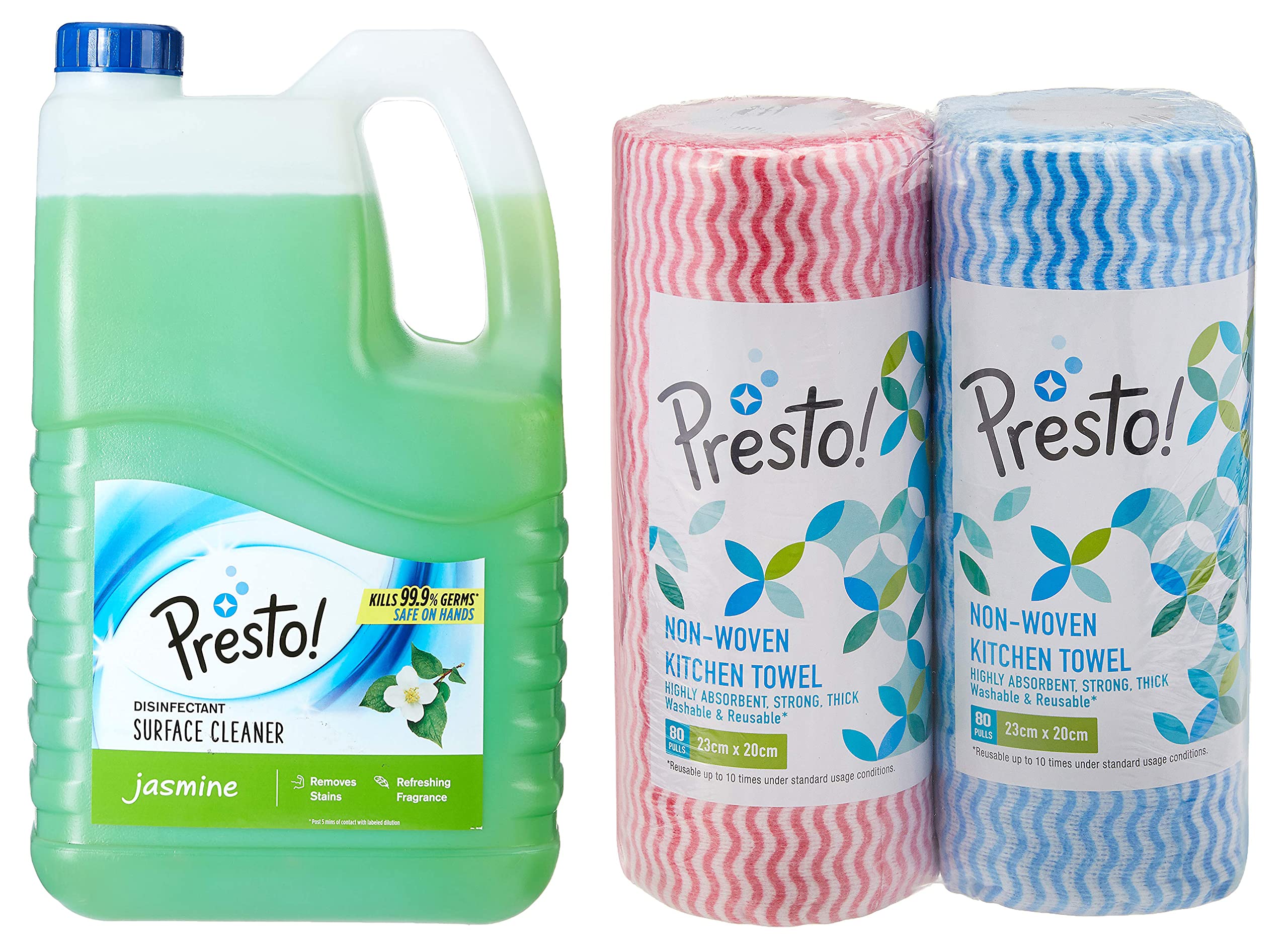 Amazon Brand - Presto! Disinfectant Surface/Floor Cleaner - 5 L (Jasmine) & Non-woven Kitchen Towel Roll - 80 Pulls (Pack of 2) (B0BDF5QTG9) Amazon Price History, Amazon Price Tracker