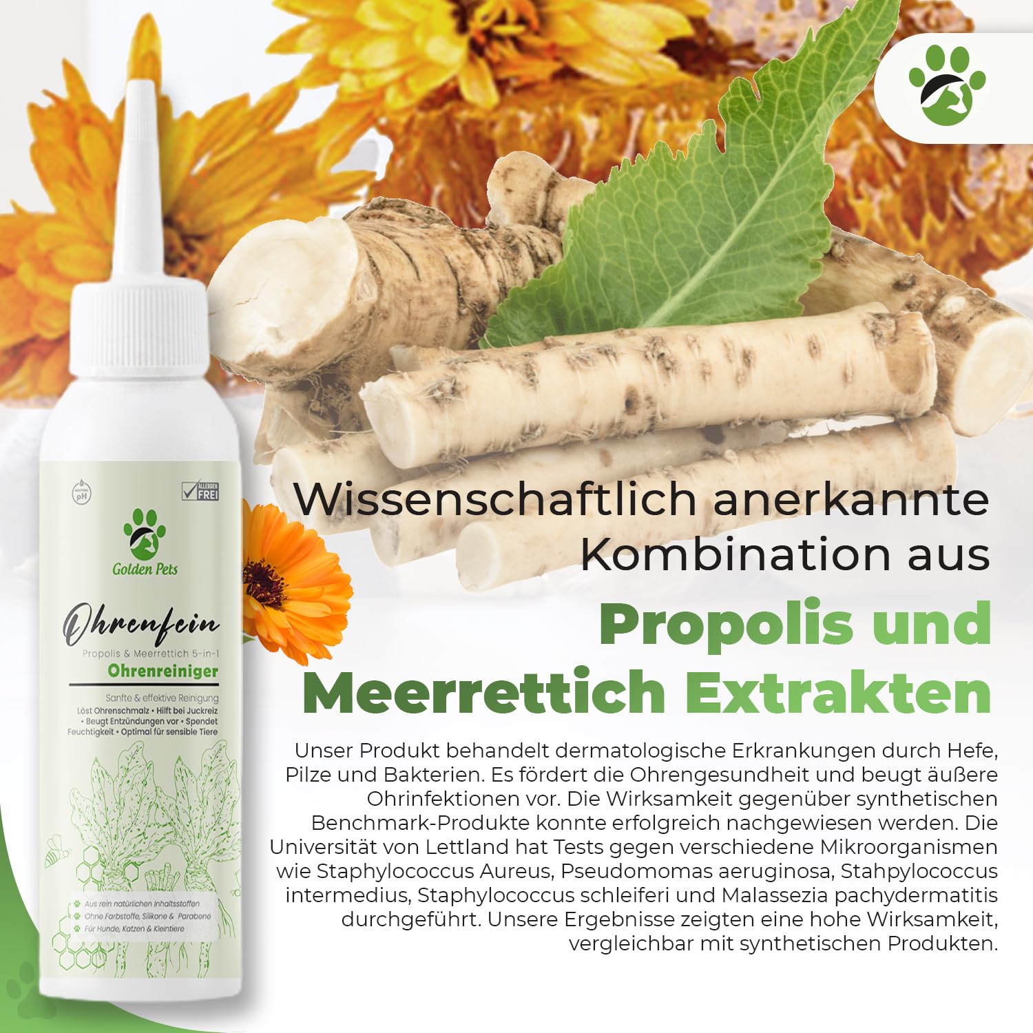 Golden Pets TESTURTEIL SEHR GUT Ohrenreiniger für Hunde & Katzen **VERGLEICHSSIEGER** 100% natürliche Ohrenspülung gegen Juckreiz, Entzündung & Ohrenschmalz I Ohrenpflege, 250ml