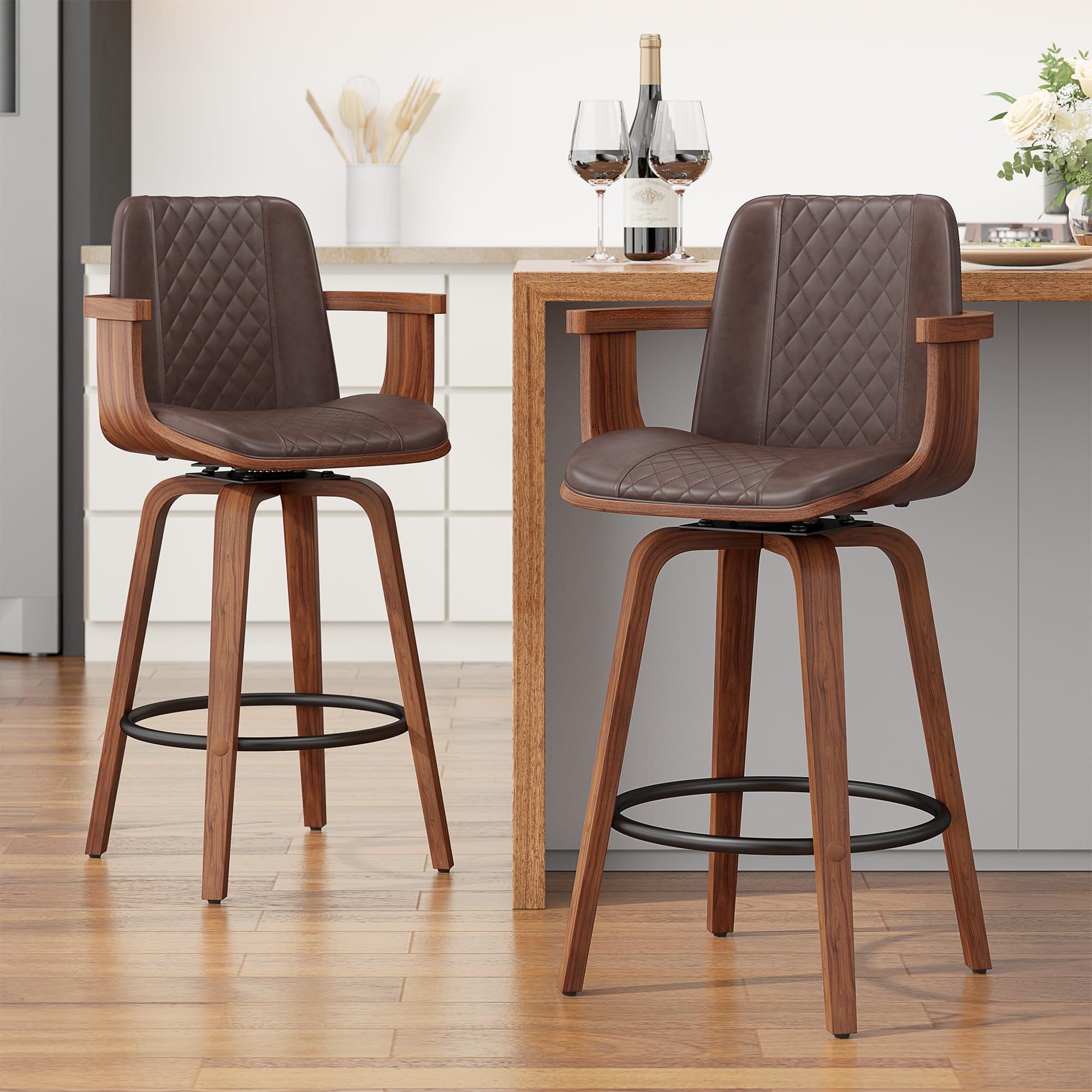 YaFiti Swivel Bar Stools Set of 2, 26" Counter Height Barstools with Wood Legs and Backs, Upholstered PU Leather Bentwood Frame Bar Chairs with