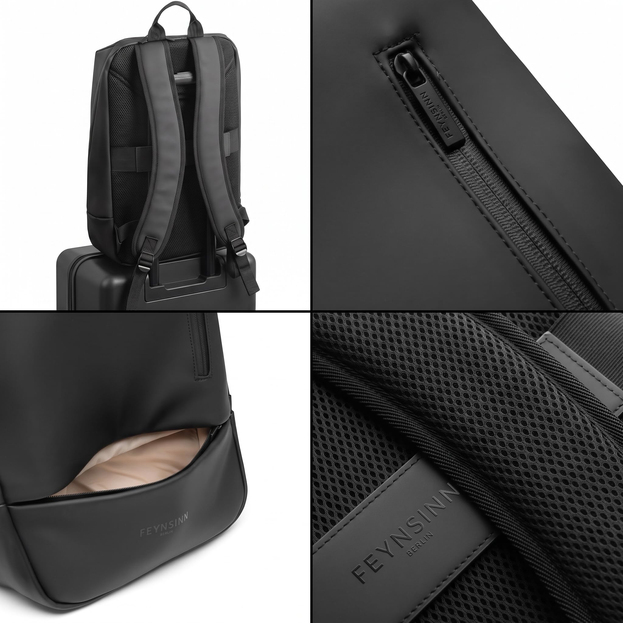 Commuter Rucksack mit durchdachtem Innenleben - wasserdicht aus recyceltem Material, mit Laptop-Fach (15,4") und Trolley-Fix Unisex Business Laptop-Rucksack elegant schwarz