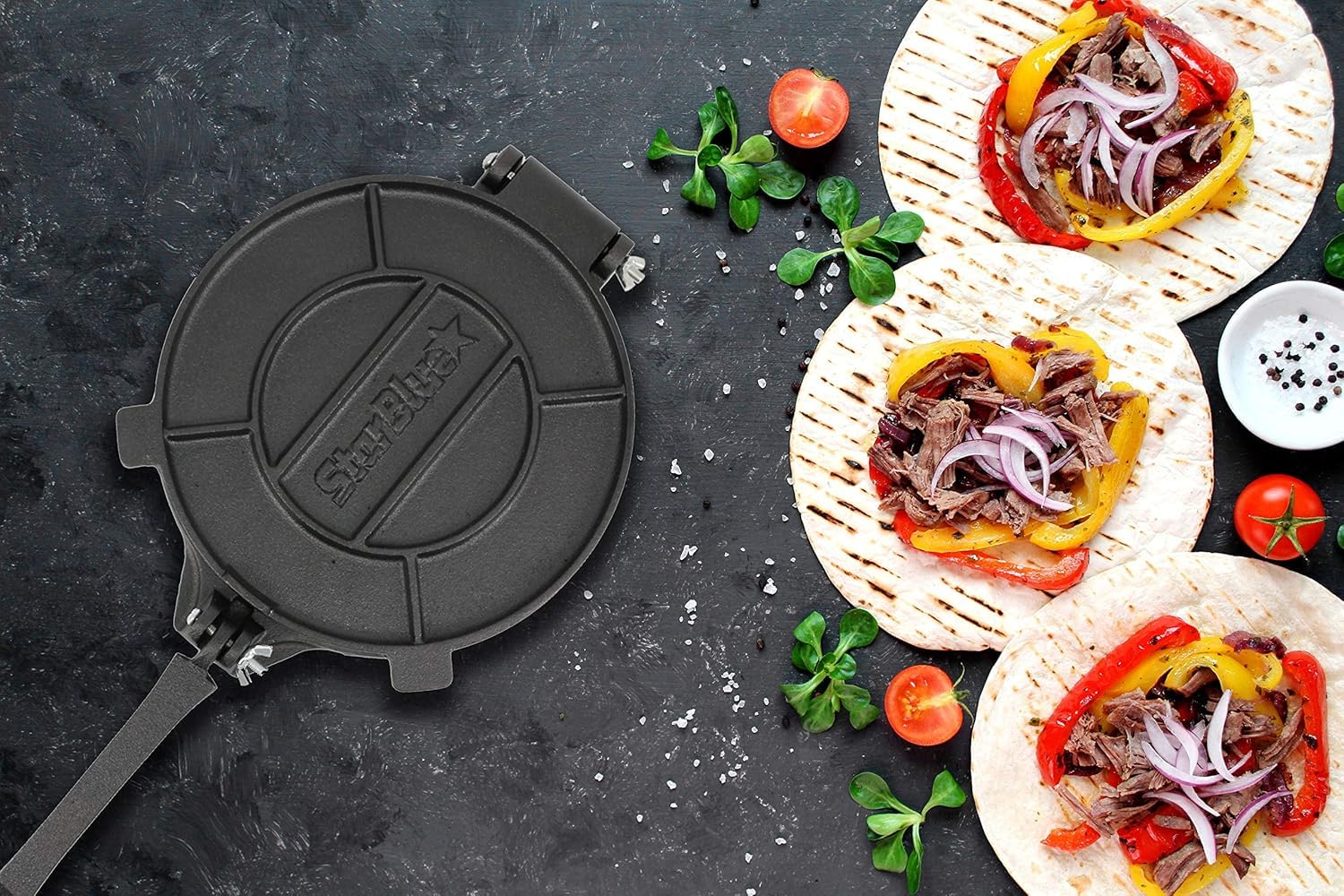StarBlue - Stampo Per Tortilla In Ghisa Da 20,3 Cm Con 100 Pezzi Di Carta Oleata Ed Ebook Di Ricette In Omaggio, Con Strumento Per Realizzare Chapati In Stile Indiano, Tortillas, Roti