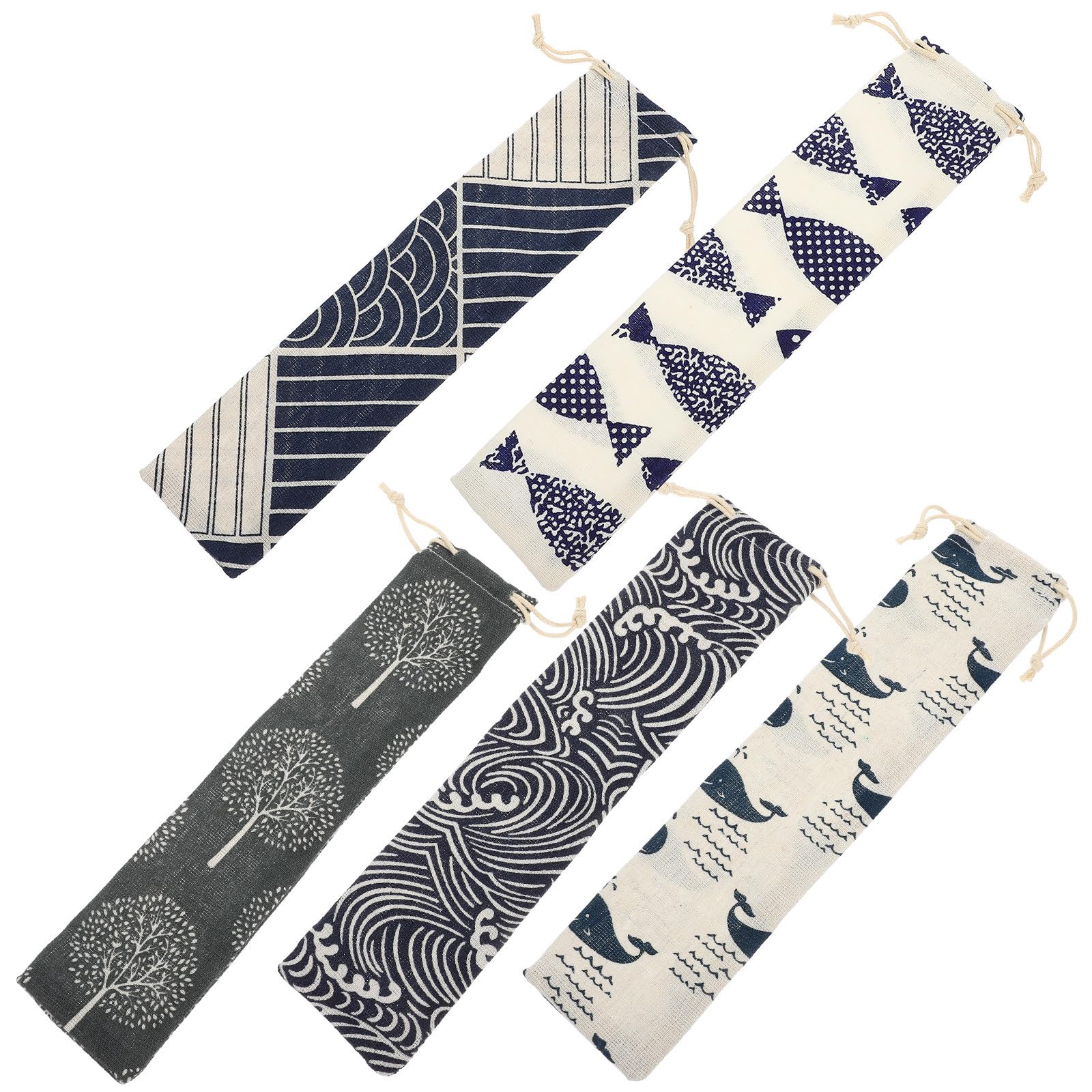 5pcs Cotton and Linen Straws Pouch Drawstring Storage Bags Reusable Straw Carrying Case for Travel Picnic Kitchen Utensils Fork Spoon Organizer Random Style
