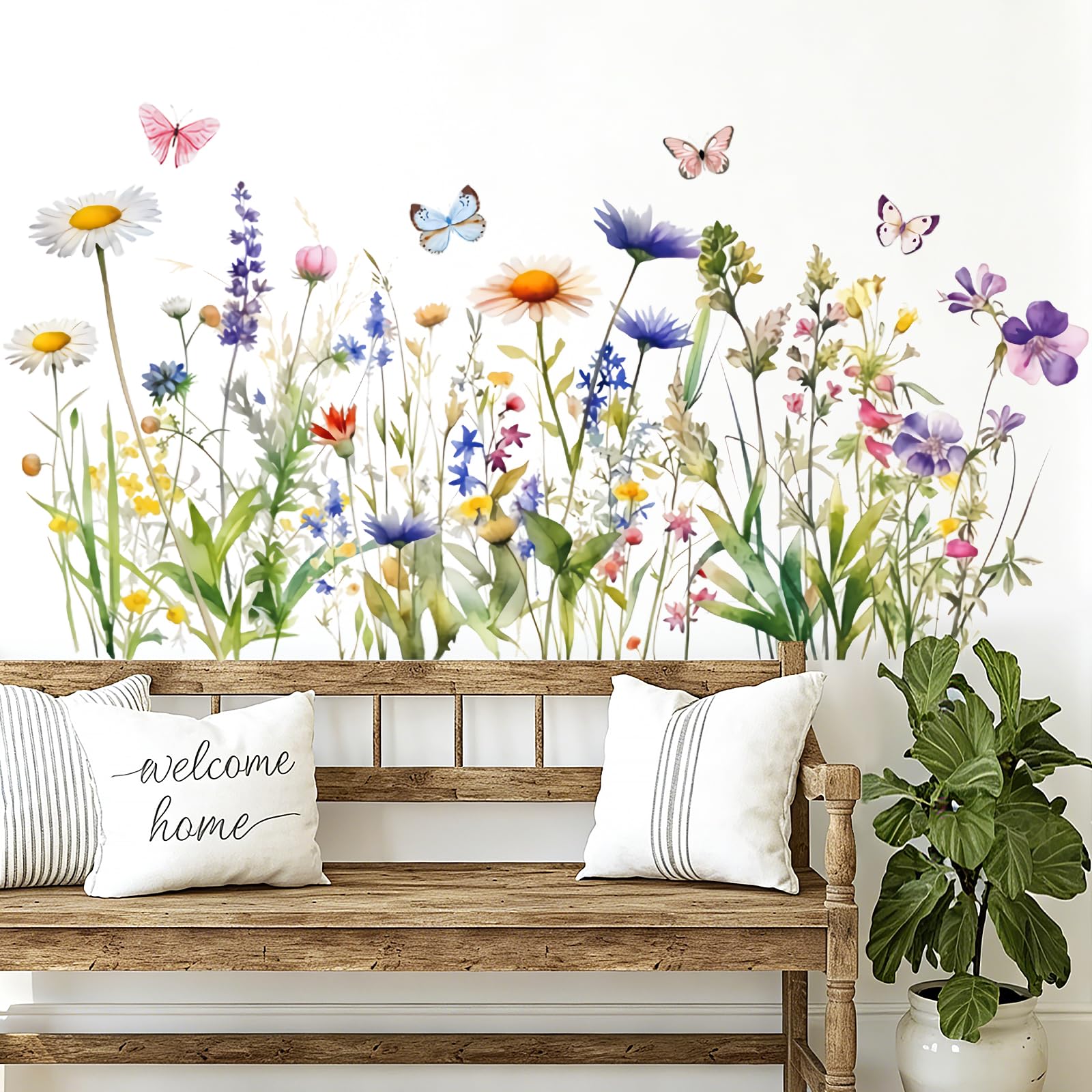 TaoQ C Wildflower Wall Stickers Garden Wildflower Wall Stickers Wildflowers Wall Art Decals with Daisy Lavender Floral Butterflies for Bedroom Living Room Bathroom Decoration