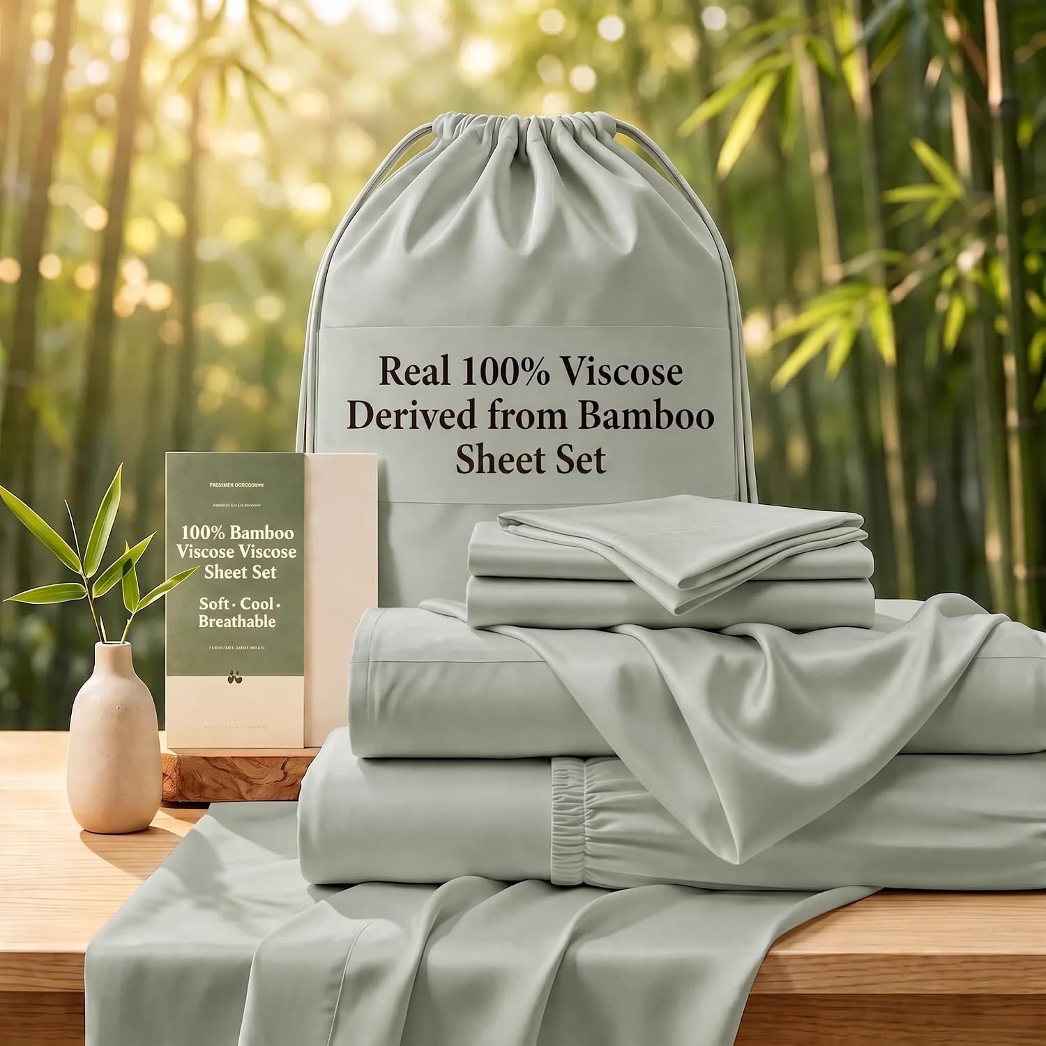 TWK Real 100% Viscose Derived from Bamboo Sheets Set Queen Size, Cooling & Silky Soft for Hot Sleeper, Breathable & Moisture Wicking Fabric, 18" Deep Pocket with Corner Straps (Gray, Queen)