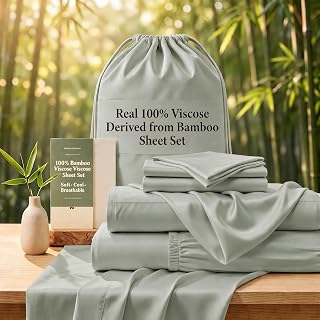 TWK Real 100% Viscose Derived from Bamboo Sheets Set Queen Size, Cooling & Silky Soft for Hot Sleeper, Breathable & Moisture Wicking Fabric, 18" Deep Pocket with Corner Straps (Sea Glass, Queen)
