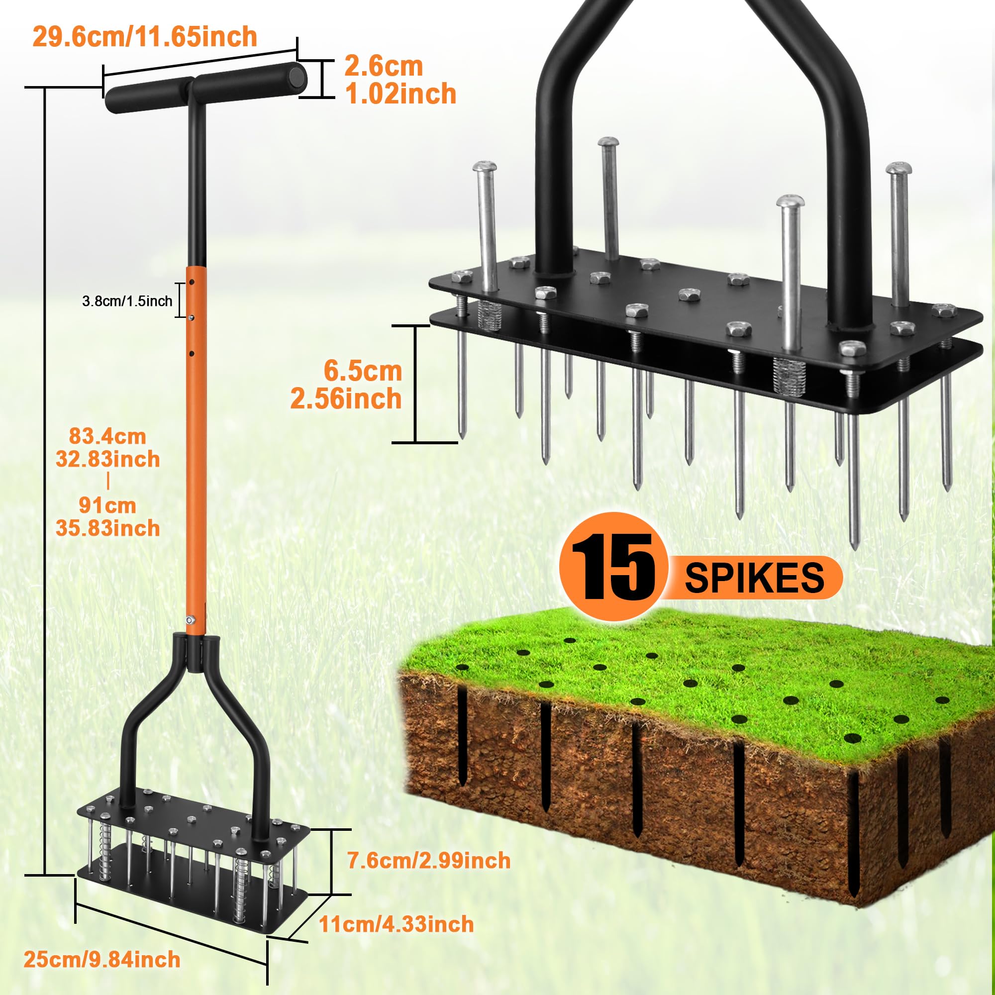 Lawn Aerator Tool, Grass for Soil Loosening & Yard Aerator, 15 Iron Spikes, Ergonomic T-Handle & Efficient Automatic Reset, Improves Lawn Health - 3