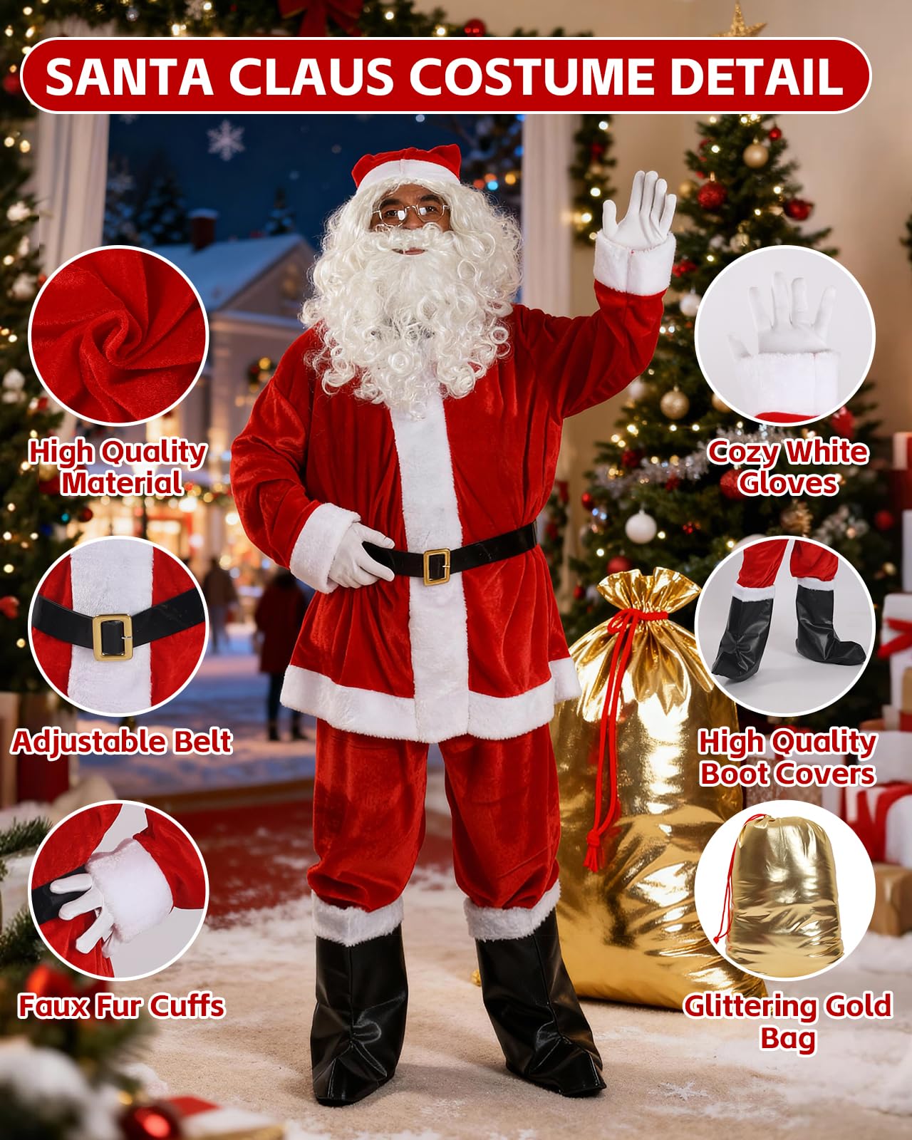 Weihnachtsmann Kostüm für Herren, 10-teiliges Weihnachtskostüm Premium Set | inkl. Bart, Sakko & Goldbeutel, Erwachsene Deluxe Santa Claus Costume für Weihnachtsfeiern, Karneval und Nikolaus Cosplay