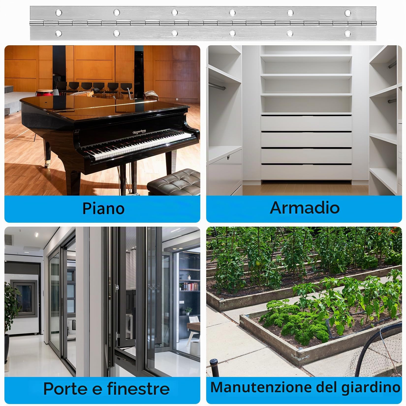 4 Pezzi Cerniera a Nastro in Acciaio Inox 30 cm, Cerniere Pieghevole per Pianoforte e Mobili con 12 Fori