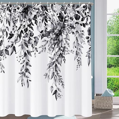 Miniatura 2 de Cortina de ducha gris para baño, juego de cortinas de ducha de eucalipto gris con hojas de acuarela, cortina de ducha de plantas, cortinas de baño