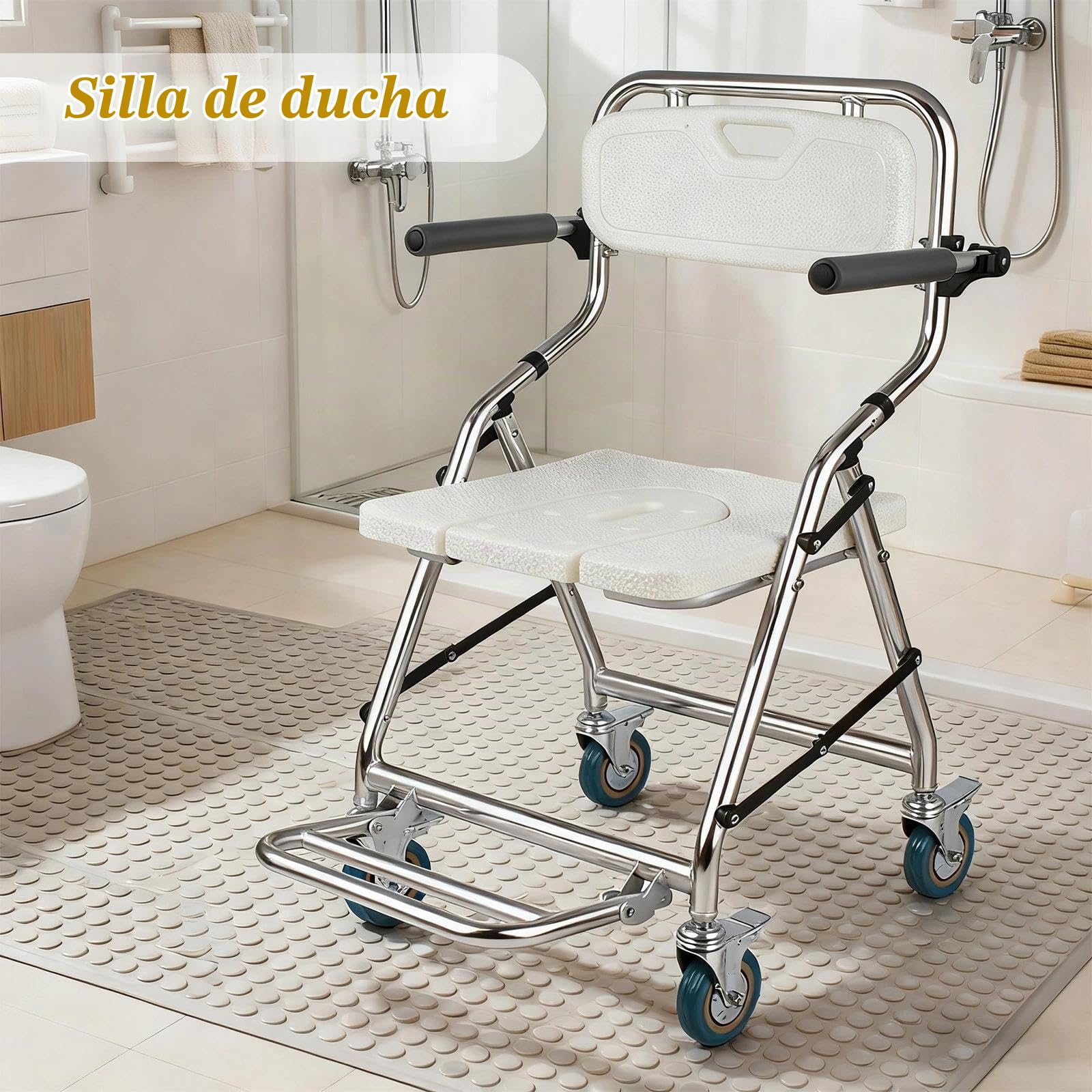 Silla de Ducha con Ruedas, Taburete de Ducha Plegable para Personas Mayores | Silla de Baño Ducha con Reposabrazos y Respaldo para Discapacitados y Mujeres Embarazadas, Carga 120kg