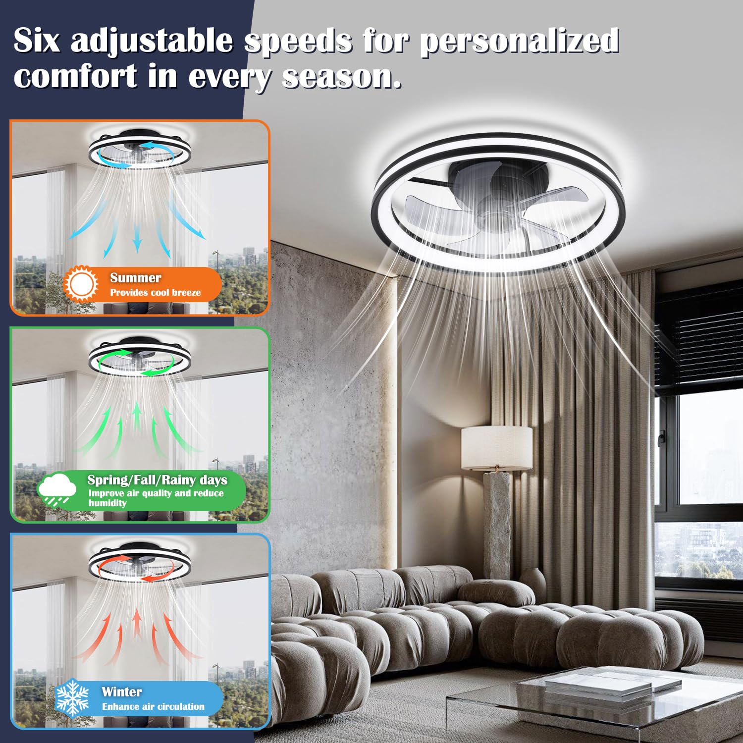 Ventilatore da soffitto con luce Ø50cm, telecomando, 6 velocità, 3 colori dimmerabili, modalità estate-inverno, timer