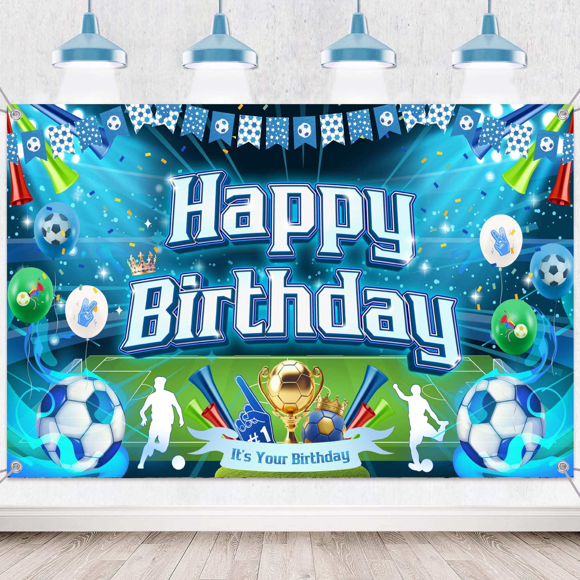 Football Birthday Decorations Party Banner - Blue Happy Birthday Soccer Backdrop for Boys and Girls, Sports Theme Photo Background for Football Party Supplies Decor