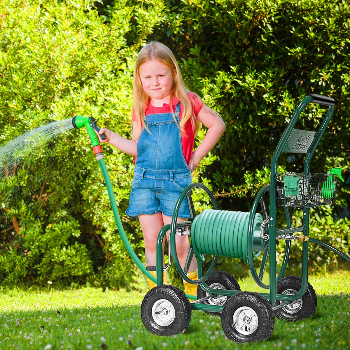 COSTWAY 80M Schlauchwagen Gartenschlauchwagen, für 5/8" Schlauch, Schlauchaufroller mit Korb, Schlauchhalter Metall, Schlauchtrommel mit 189cm Anschlusschlauch