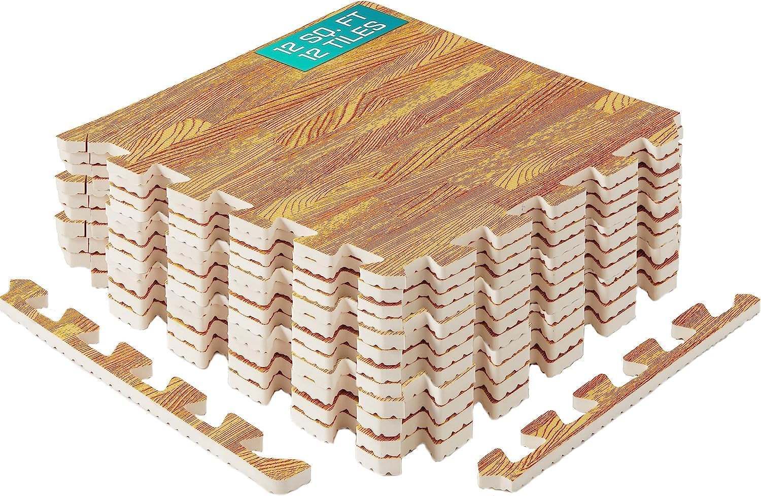 Yes4All EVA Interlocking Mats, Puzzle Floor Tiles, Foam Floor Padding with Border for Furniture, Home Space, Living Room, Garage - Light Walnut Wood, 1.02 m2