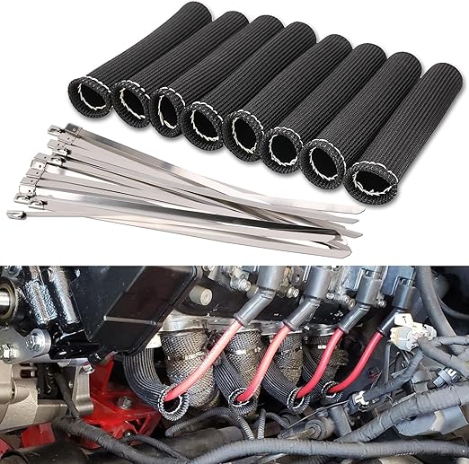 8Pcs Spark Plug Wire Boots Protector Sleeve Heat Shield Cover with 16Pcs Stainless Steel Wire Ties Kit 2500 Degree Spark Plug Wire Heat Insulation Wrap 6 Inch for Car Truck