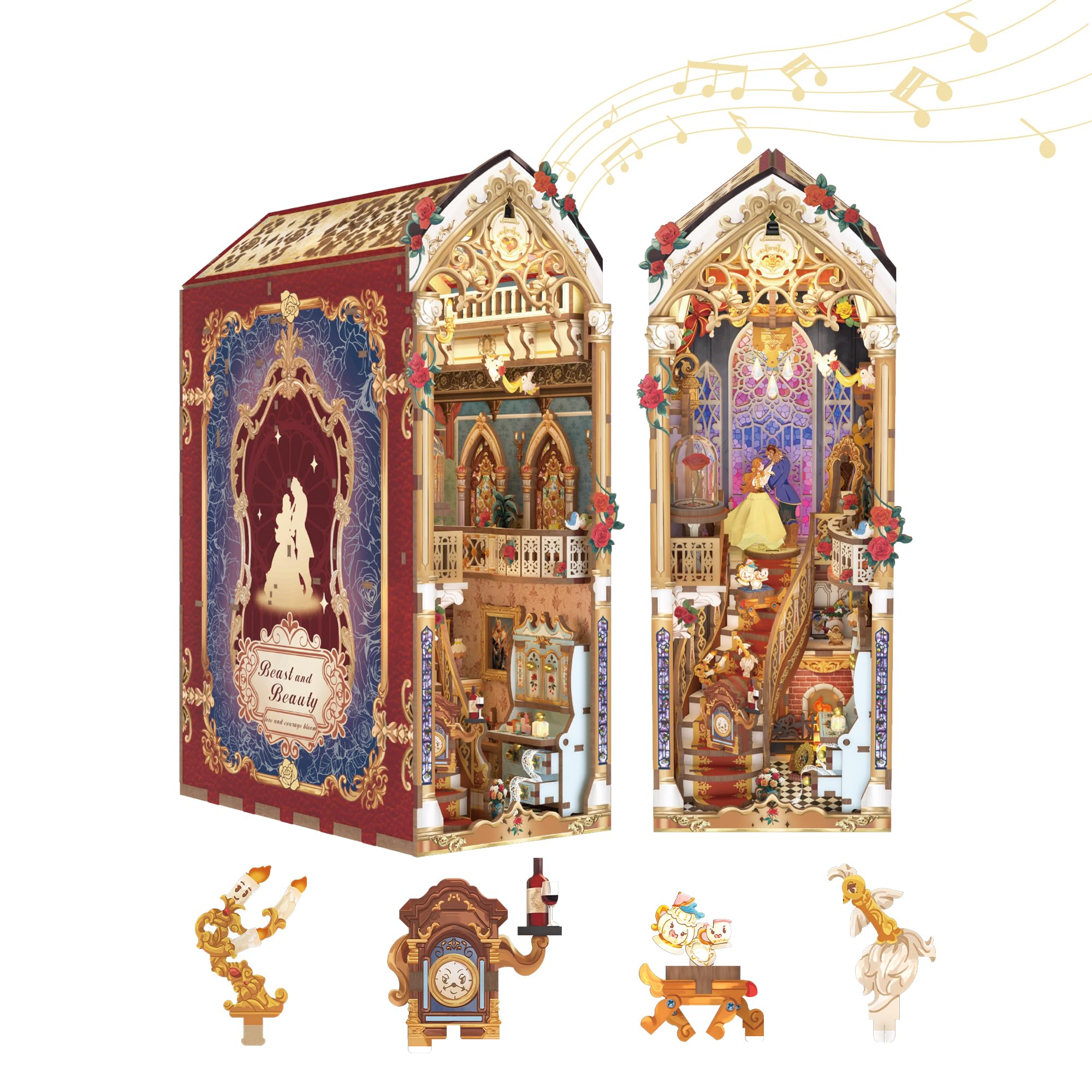 Tonecheer DIY Book Nook Kit for Adults, 3D Wooden Puzzle Music Booknook Miniature Dollhouse, Fairy Tale Bookend Bookshelf Decor with Dust Cover and LED Lights Gifts (Beast? and Beauty)