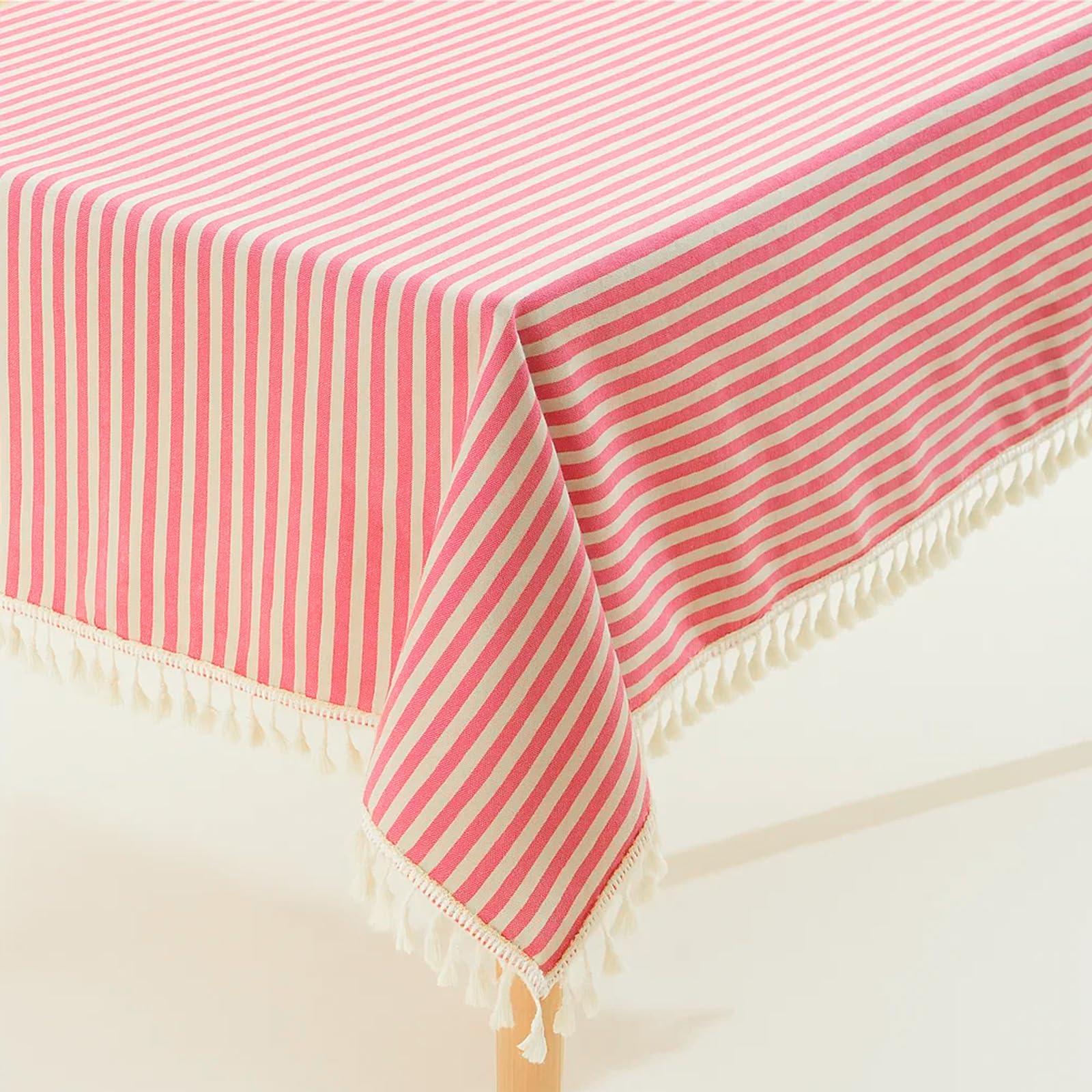 Tablecloths Striped Tassel Table Cloth Rectangular Tablecloth Cotton Linen Table Cover Cotton Stripe Suitable for Home Kitchen Decoration (Pink/White Stripes, 300x140cm)