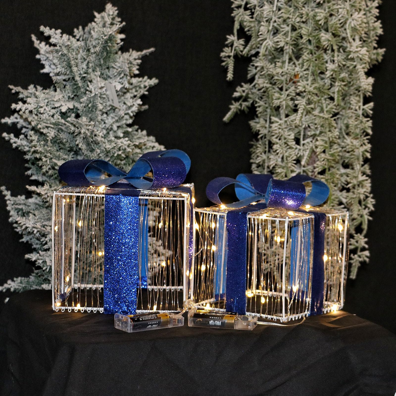 ozdoby świąteczne, Zestaw 3 pudełek prezentowych z lampkami świątecznymi w kolorze niebieskim, 14-19 cm, diodami LED (pudełko prezentowe)((Without Light) Gift Box)