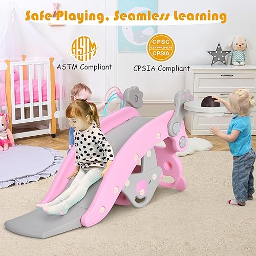 Miniatura 8 de GLACER Juguete mecedor 5 en 1 para niños pequeños, juego de caballo mecedor con tobogán, aro de baloncesto, juego de lanzamiento de anillo, taburete