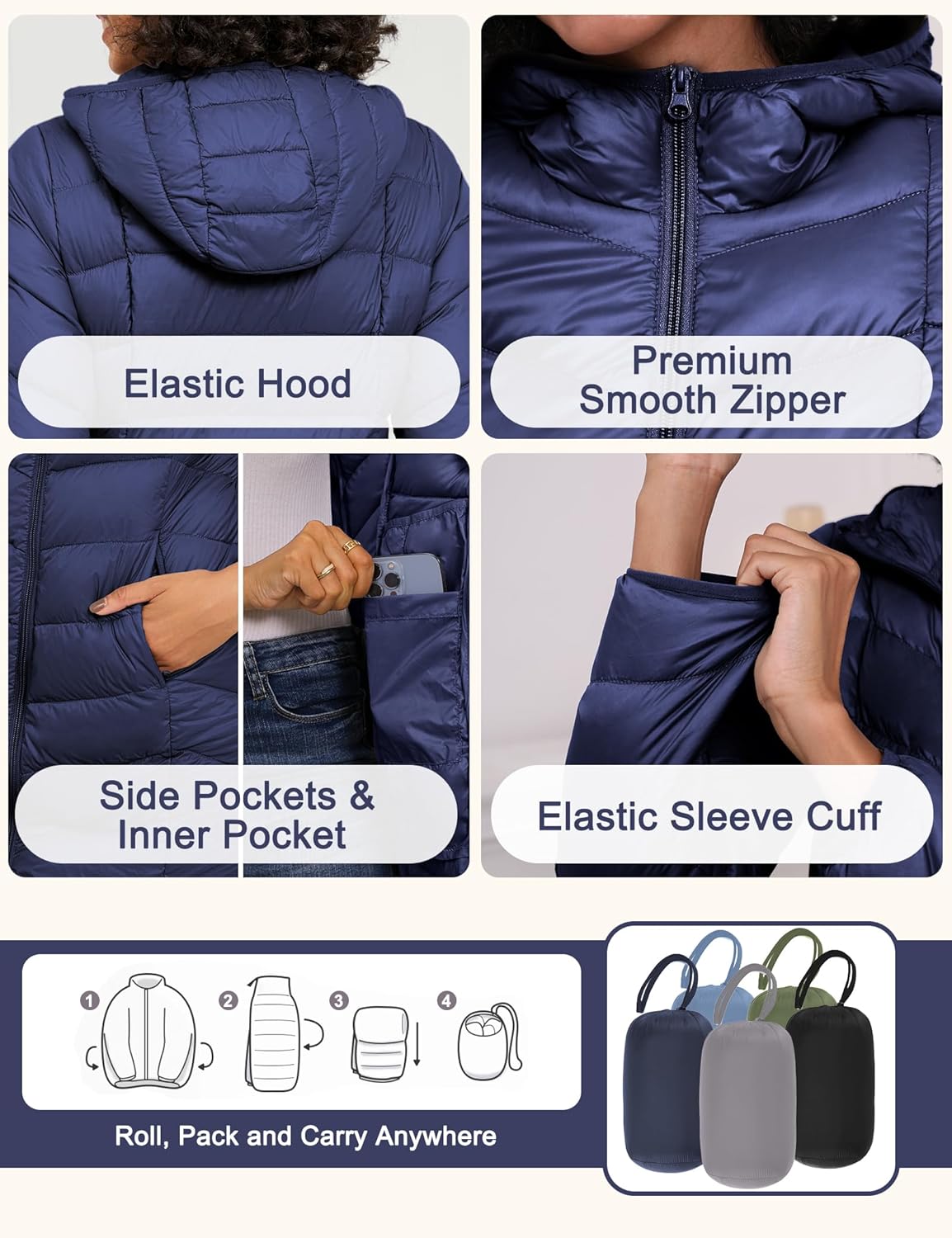 SLOW DOWN Women Lightweight Down Puffer Coat, Women Packable Hooded Mid-Length Winter puffer Jacket - Image 4