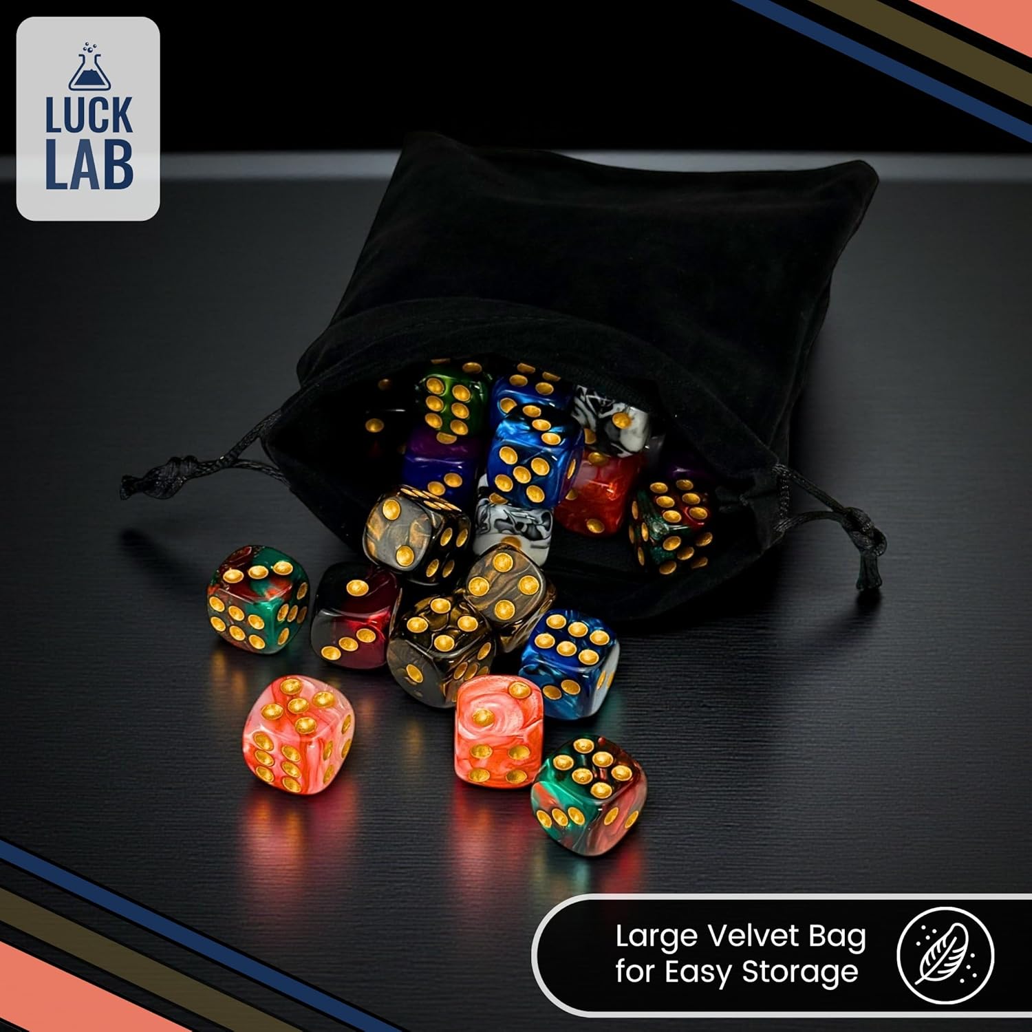 Luck Lab 48 Pack of 16mm Marble Swirl D6 6 Sided Dice Set with Round Corners - Board Game Dice for MTG DND Tenzi Farkle Yahtzee Bunco or Learning Math (Gold Pip Multicolor Swirl)