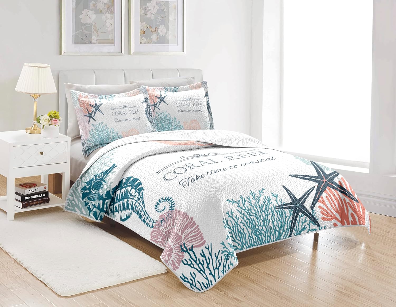 Coastal Bedding Quilt King Size with 2 Shams, Nautical