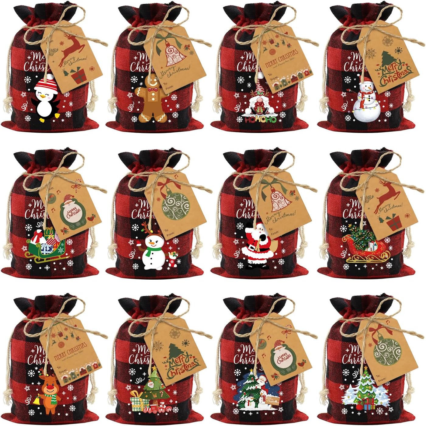 Aviski 120PCS Cotton Small Christmas Drawstring Candy Treat Bags Buffalo Plaid Xmas Xmas Christmas Fabric Goody Gift Sacks Reusable Gift Wrapping Bags Holiday Party Favors - Red/Black