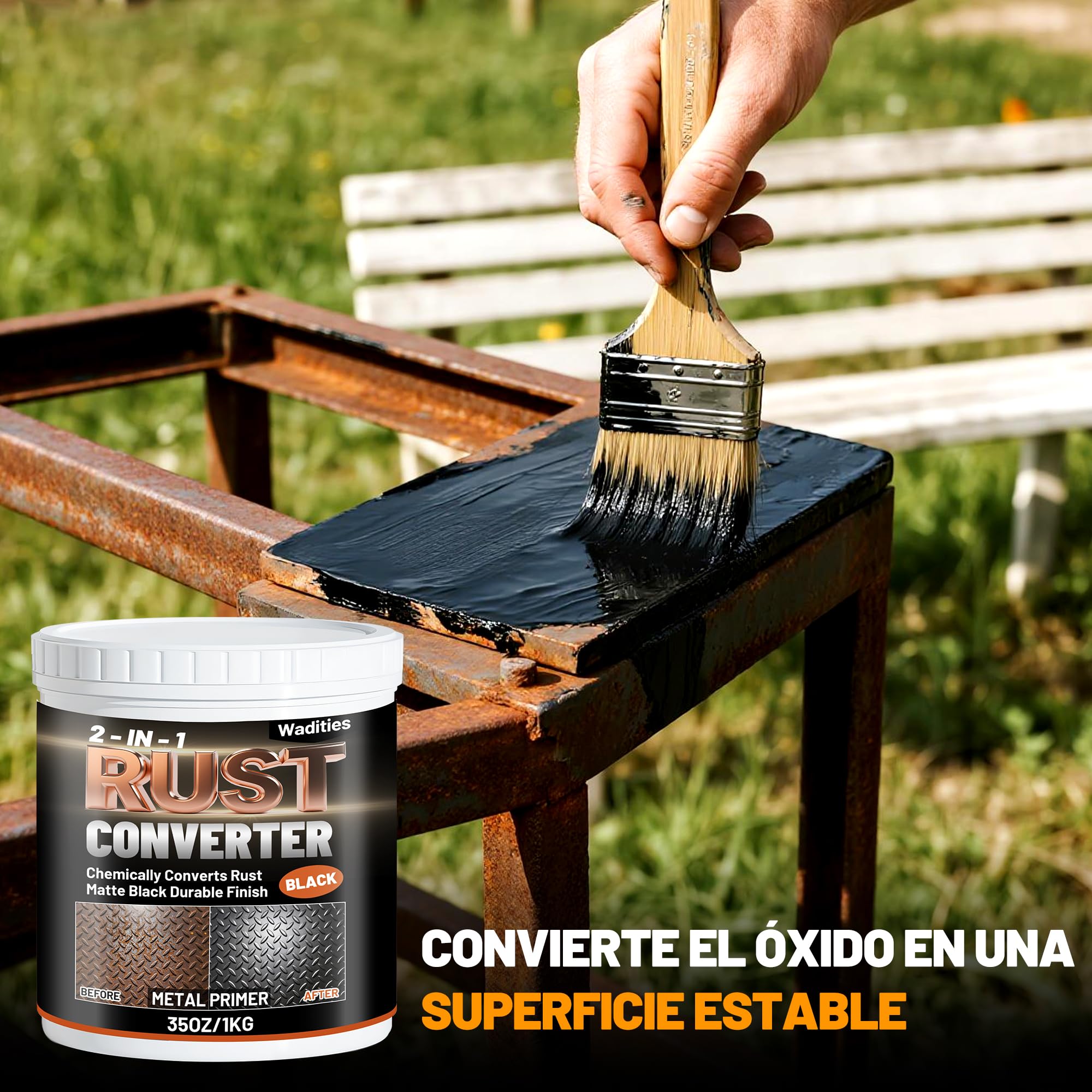 Convertidor de óxido y imprimación para metal 2 en 1, 1kg pintura inhibidora de óxido negro mate de para metal, pintura resistente al calor para chasis, bastidores, embarcaciones e industrias
