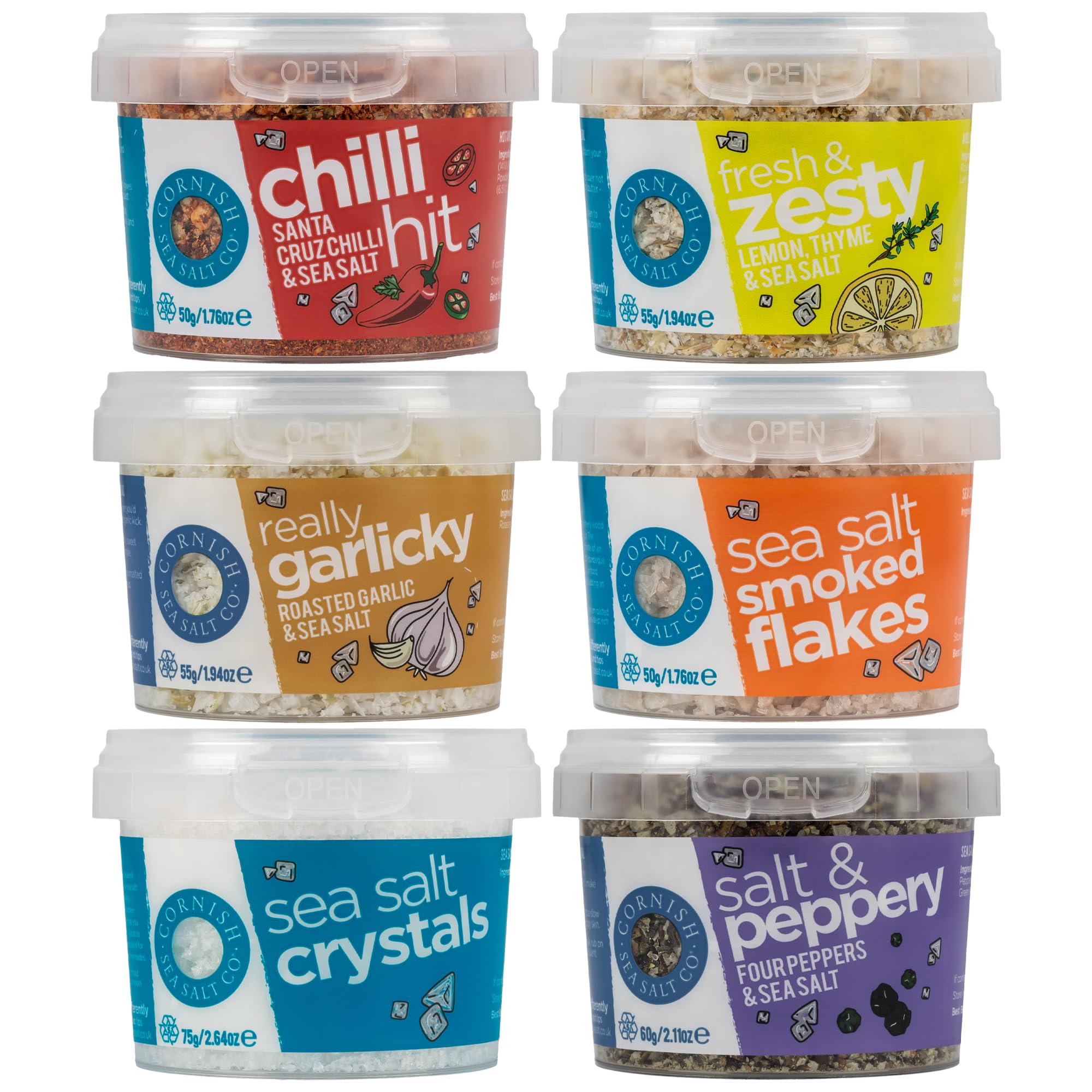 Cornish Sea Salt - Pinch Pots Hamper - Sea Salt Gift Set, Cooking Salt, Cooking Supplies, Culinary Salt, Gift Hamper, Seasoning Blends - 6 Assorted Flavours