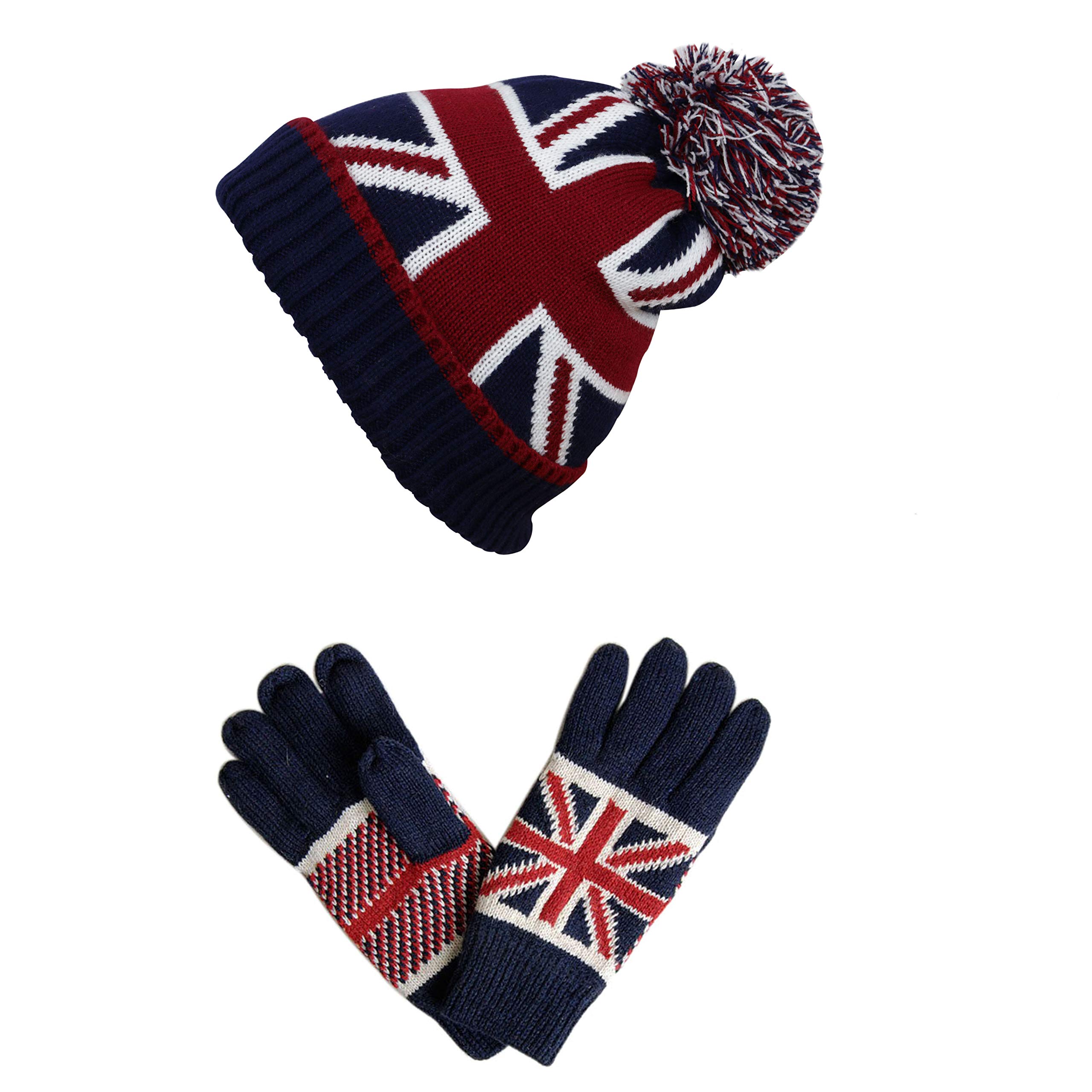 No.1 Gifts Men's Gloves & Hat Unisex Union Jack Bobble Beanie Hat & Full Fingered Gloves (Gloves & Hat)