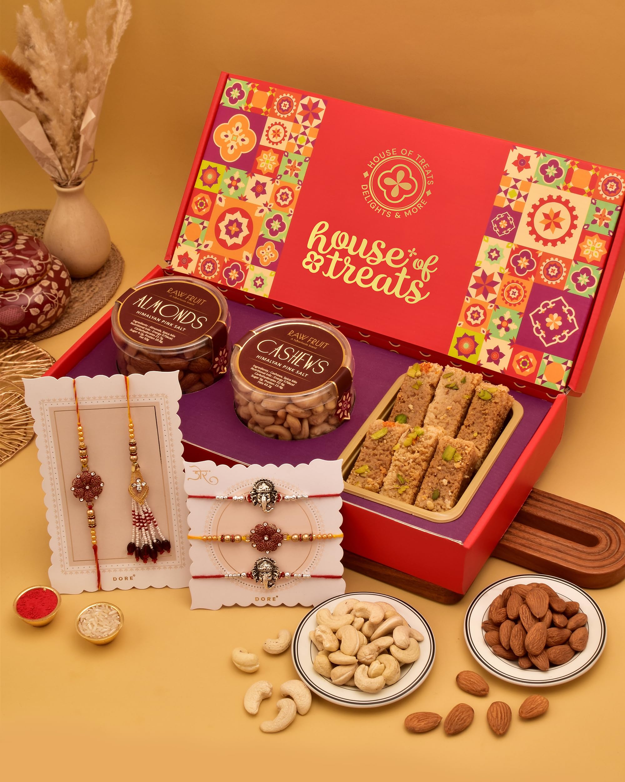House Of TreatsĀ® Rakhi Set Of 5 With Sweets Rakhi Sweets Rakhi Combo With Dry Fruits Roasted Dryfruits Cashew Almond Milk Cake Flowers Ganesha Rakhi Pack Of 5 Rakhi Set With Sweets