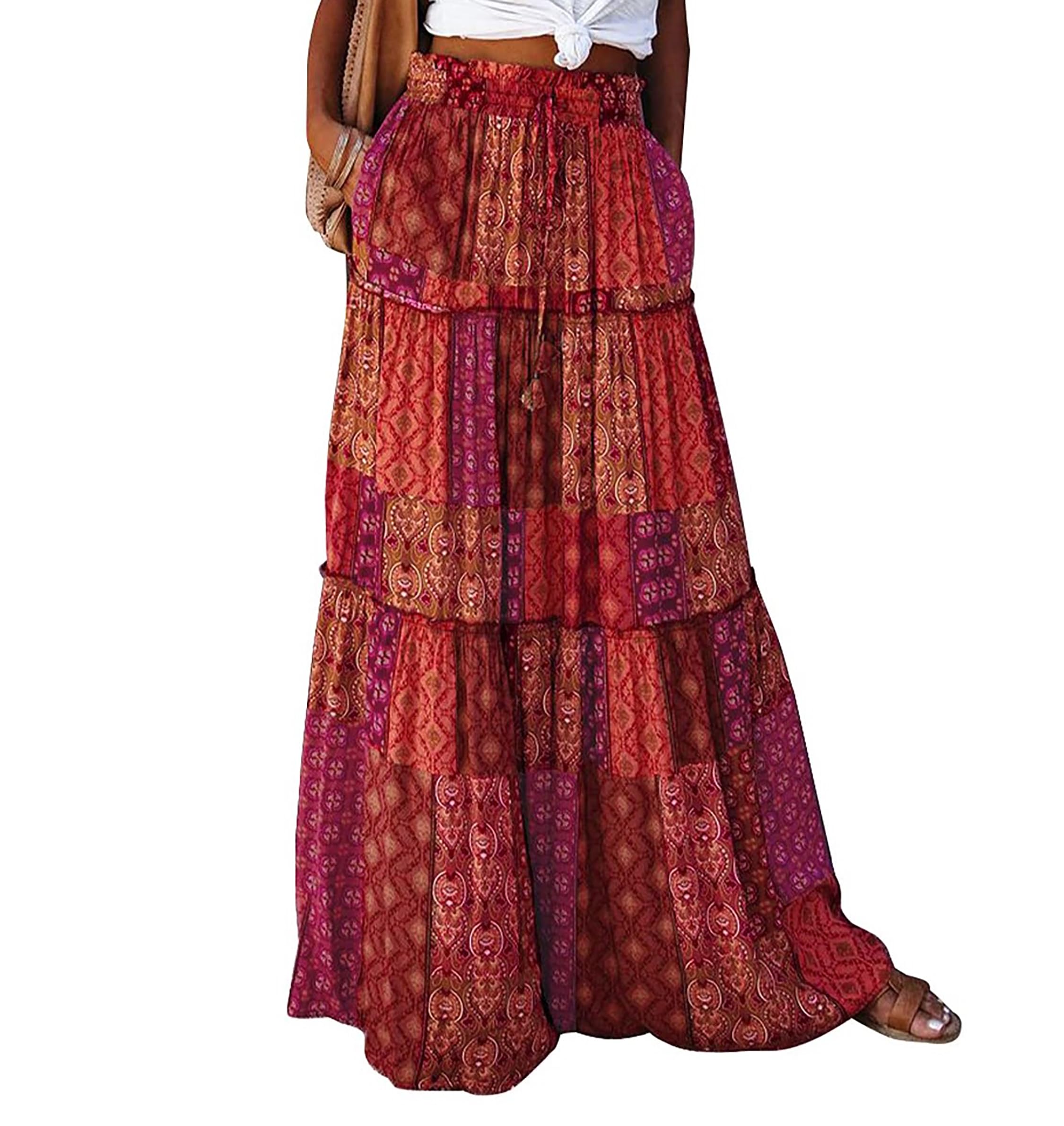 Timuspo Falda larga y elegante para mujer, estilo bohemio, informal, de línea A, color liso, con bolsillos, cintura alta, para la playa, para el tiempo libre