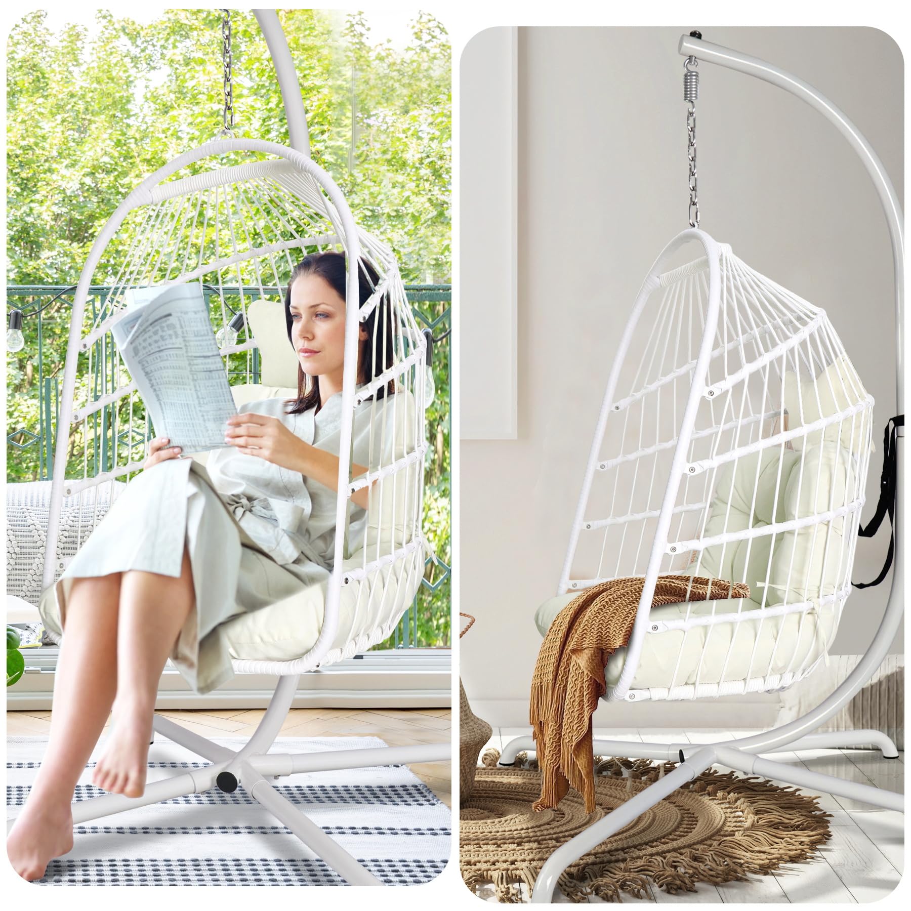 Silla Huevo con Soporte Ultra Fuerte y cojín Plegable de Mimbre y ratán Silla Colgante Silla de Interior al Aire Libre Silla Hamaca Silla de 330 Libras de Capacidad Balcón Porche Dormitorio Jardín