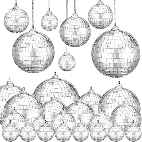 WYOMER Paquete de 47 bolas de discoteca con espejo plateado para colgar, decoración de discoteca plateada para fiesta, 5 tamaños